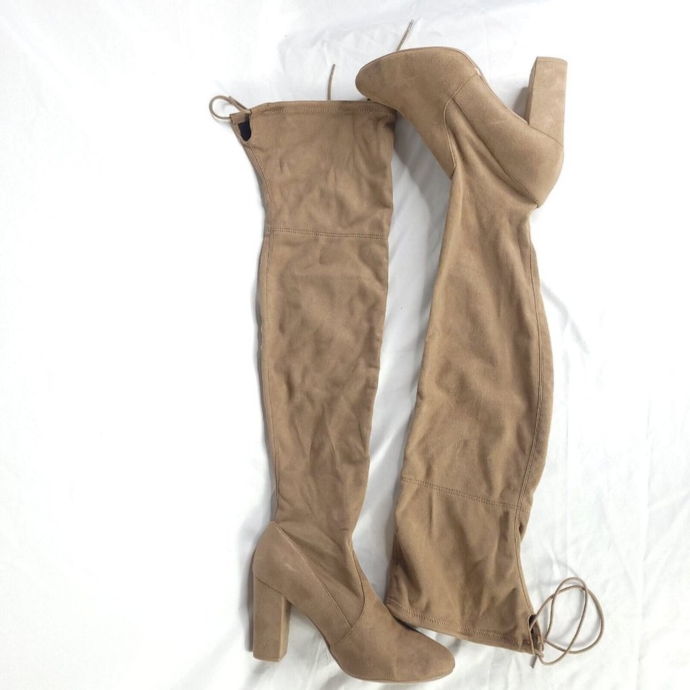 My Delicious Shoes Women Over the Knee Boot Taupe Faux Suede Pull On Tie Calf 10 - Picture 1 of 12